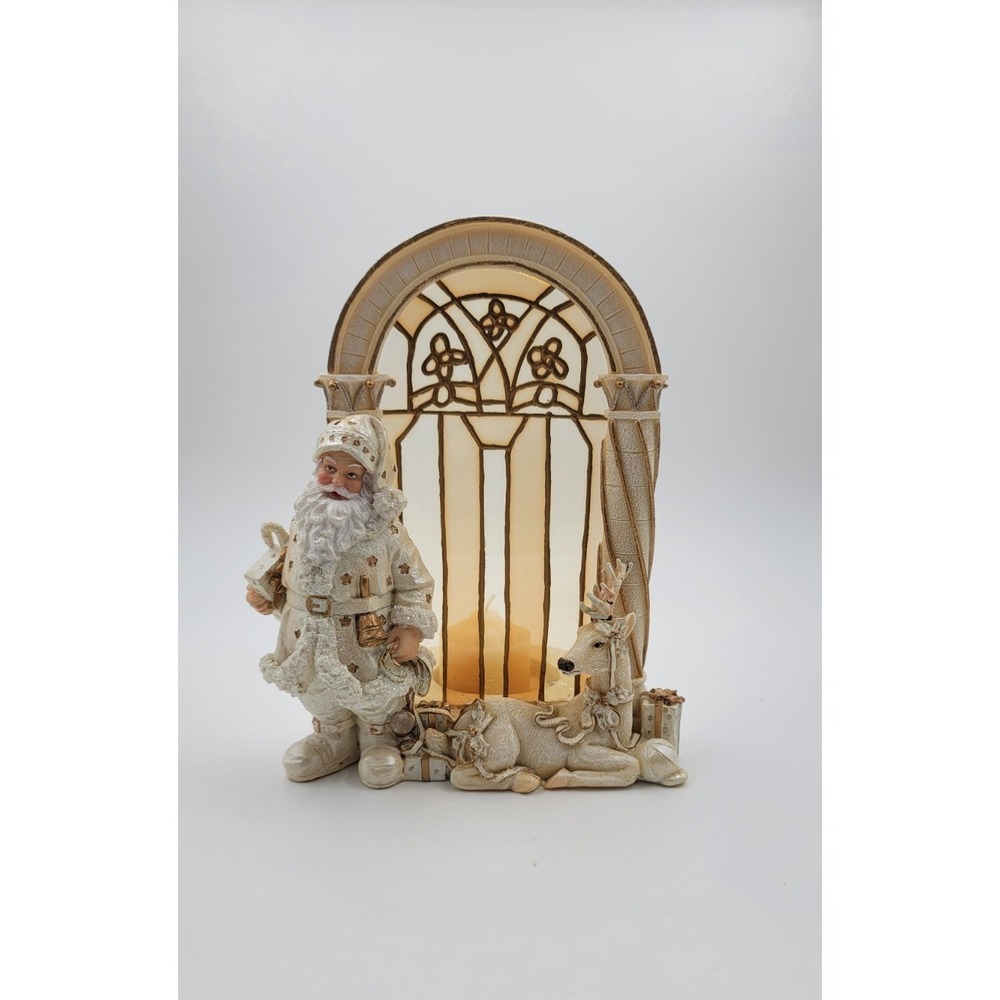 Vintage Christmas Place Cream Santa Claus Stained Glass Candle Scene